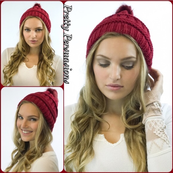 NWT Red Pom Pom Slouchy Beanie Hat - Picture 3 of 6