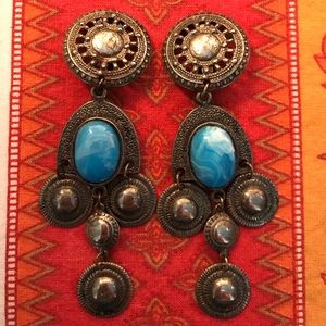 Vtg Old Mexican Silver Blue Dangle Clip Earrings Vtg Old Mexican Silver Blue Dangle Clip Earrings