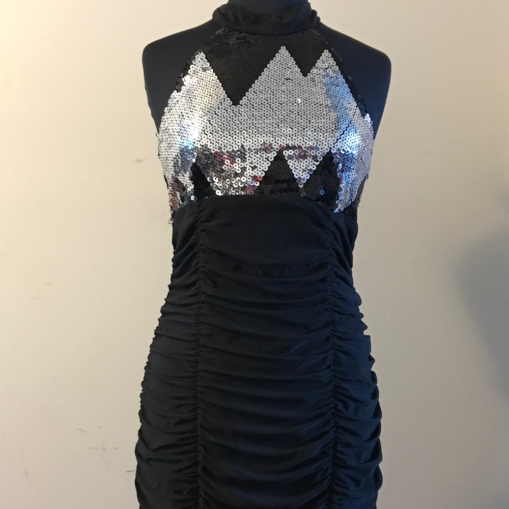 Black & Silver Sequin Halter Cocktail Dress