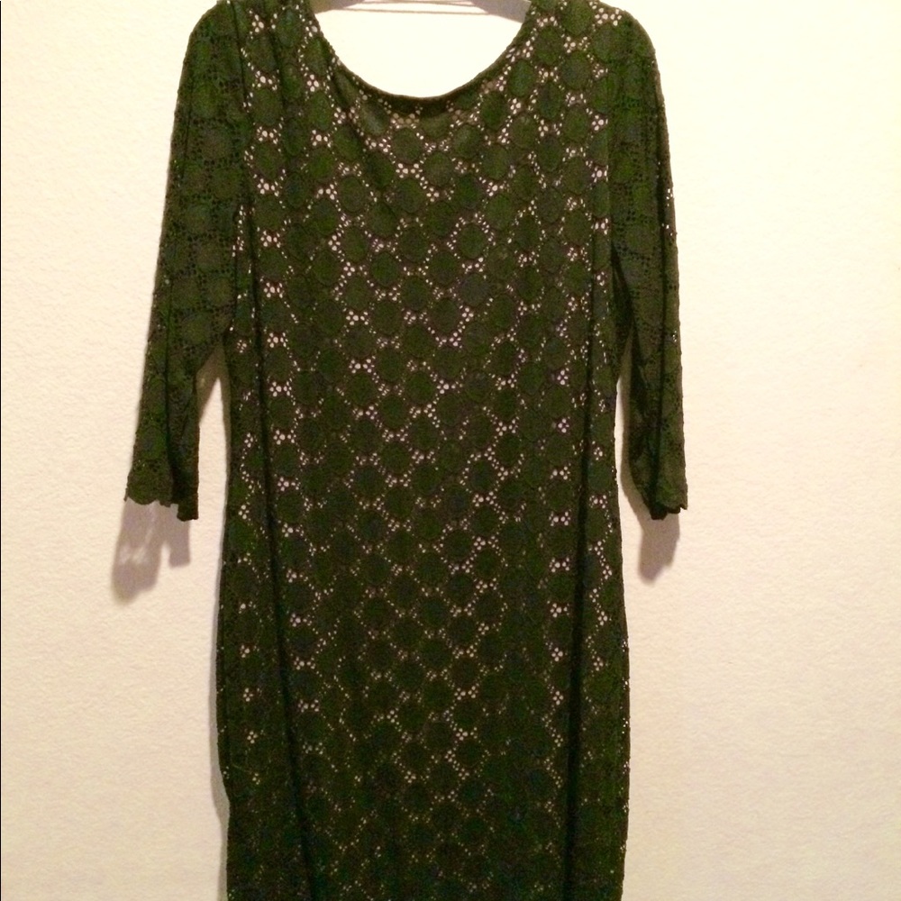 Black Lace over Tan Dress.