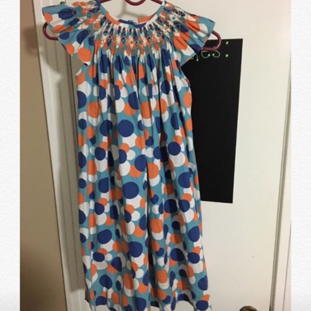 Orange and blue polka dot Smock bishop dress