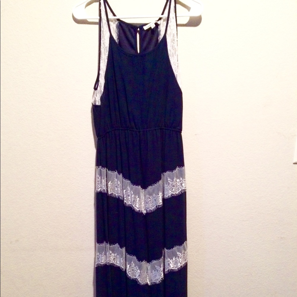 Full Length Navy Dress with Lace Accents