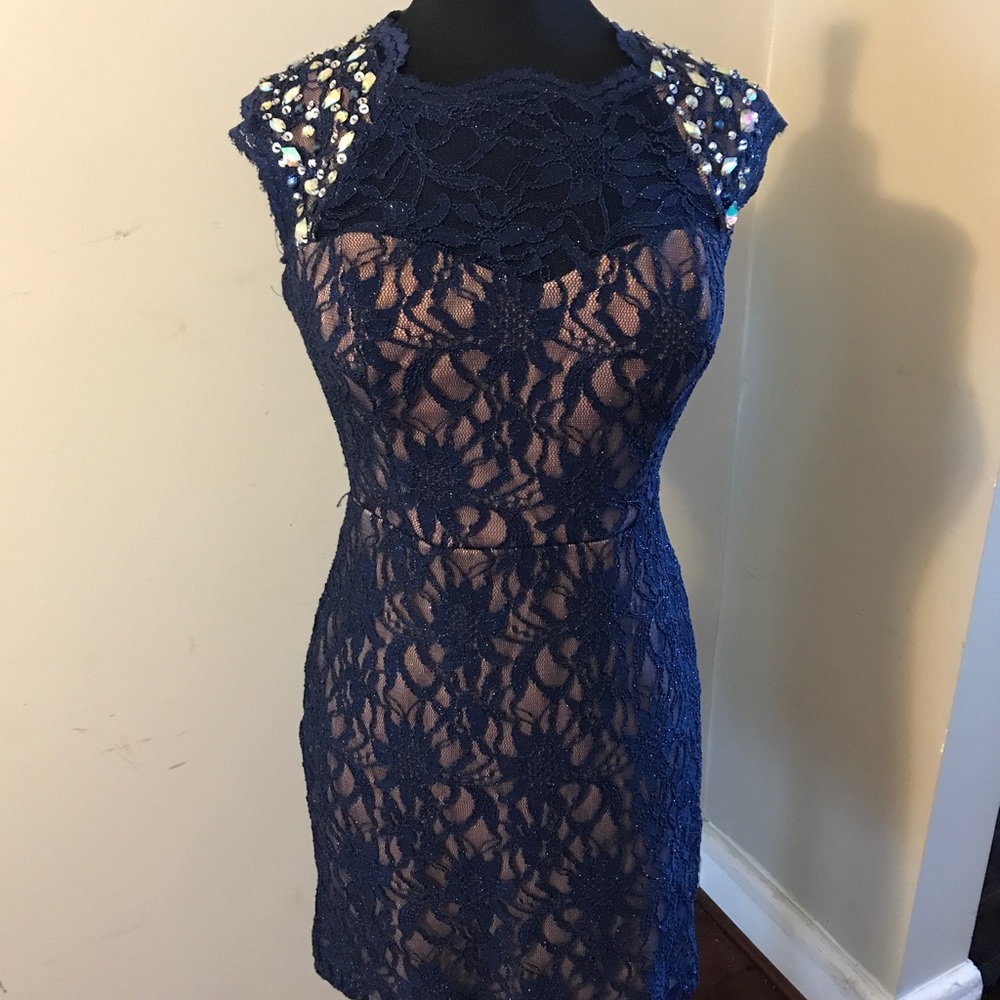 Jeweled Navy Blue Lace Sheer Nude Dress