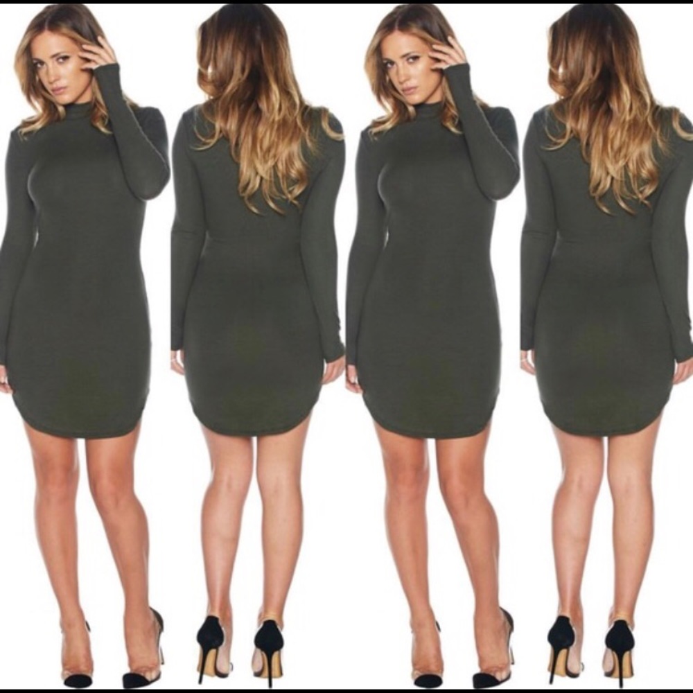 Olive green, mock neck, long sleeve dress.
