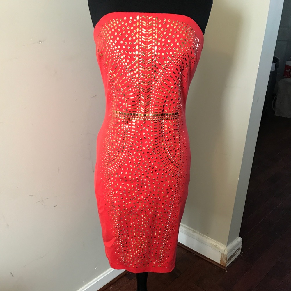 Orange Fitted Embellished Strapless Cache Dress