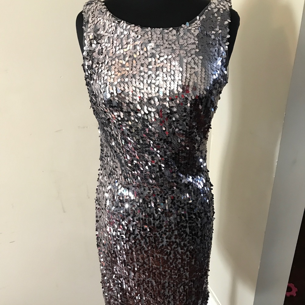 Silver Sequin Fitted Dress w/ Low Cut Back