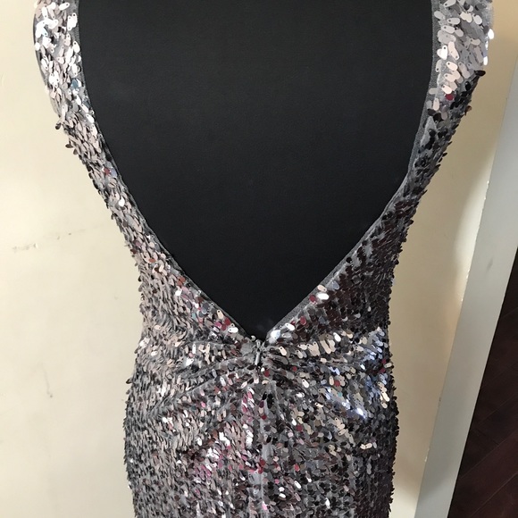 Silver Sequin Fitted Dress w/ Low Cut Back - Picture 3 of 4