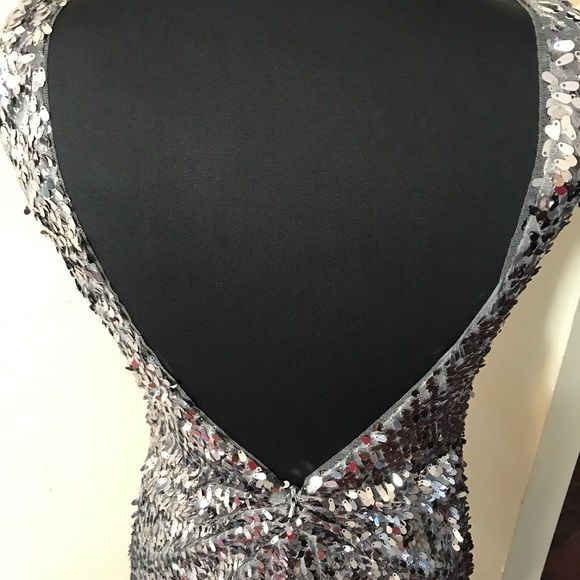 Silver Sequin Fitted Dress w/ Low Cut Back - Picture 4 of 4