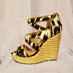 JustFab Graphic Canvas Black and Tan Wedges
