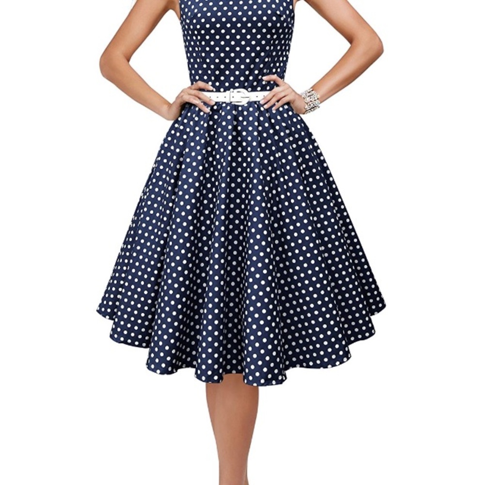 Vintage blue dress with white belt and polka dots