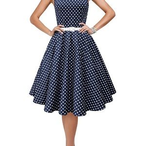 Vintage blue dress with white belt and polka dots
