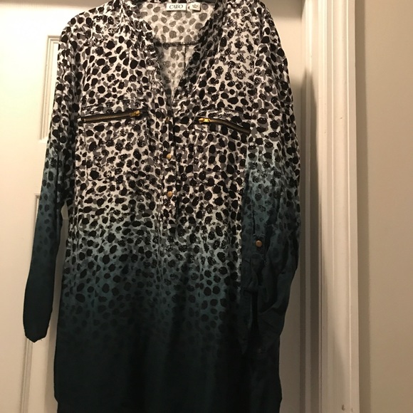 Green, black, and white leopard print shirt - Picture 2 of 2