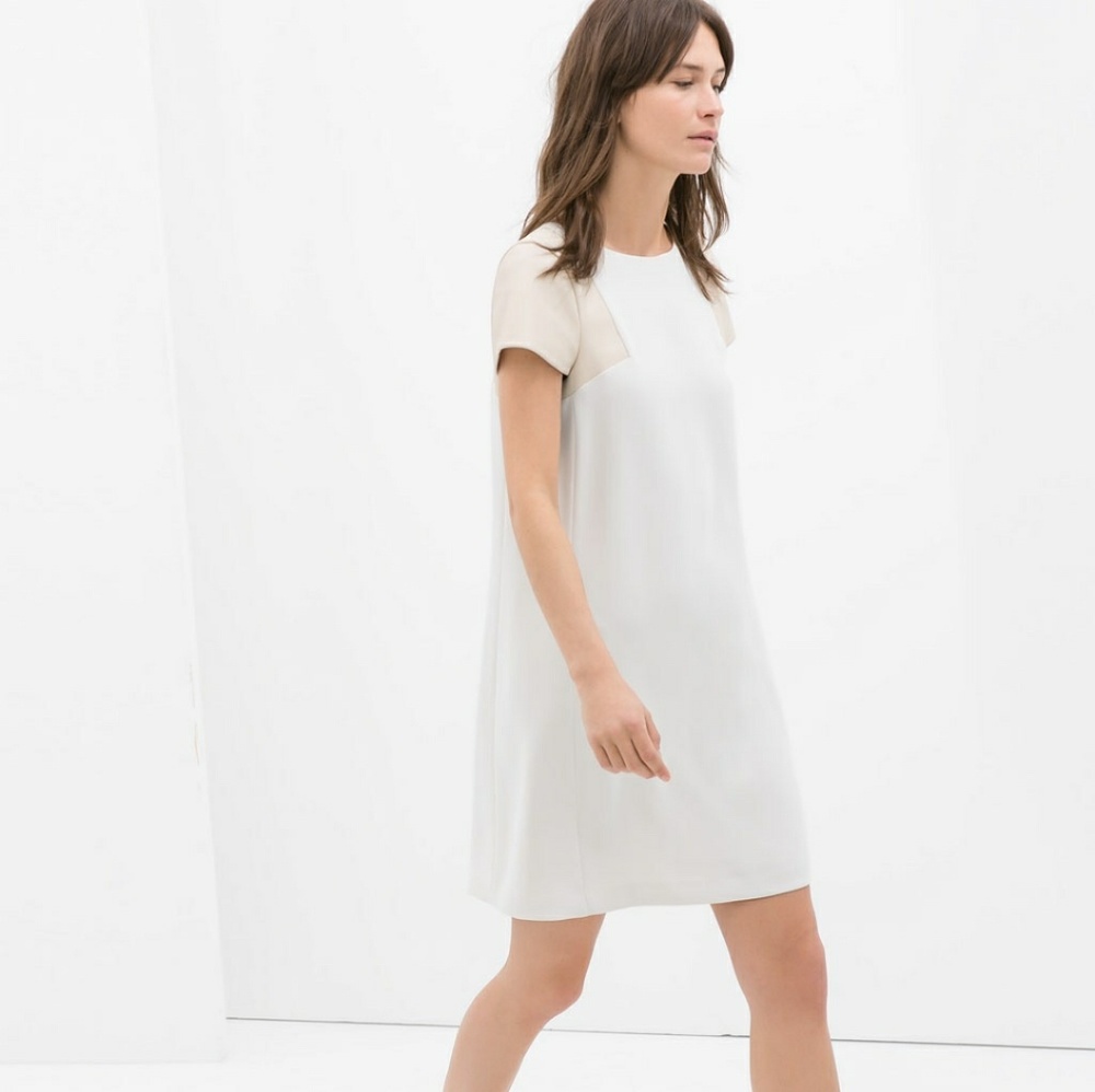 ZARA ivory dress with faux leather sleeves