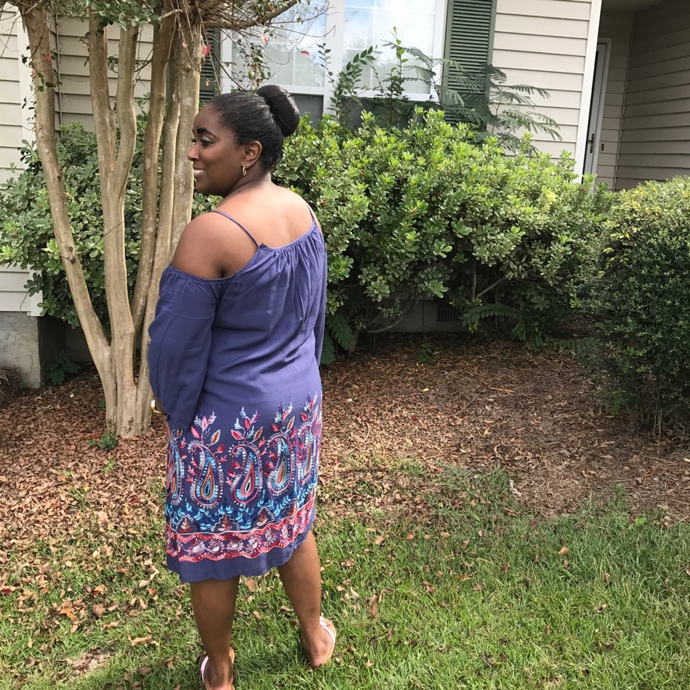 Denim cold shoulder dress with floral trim