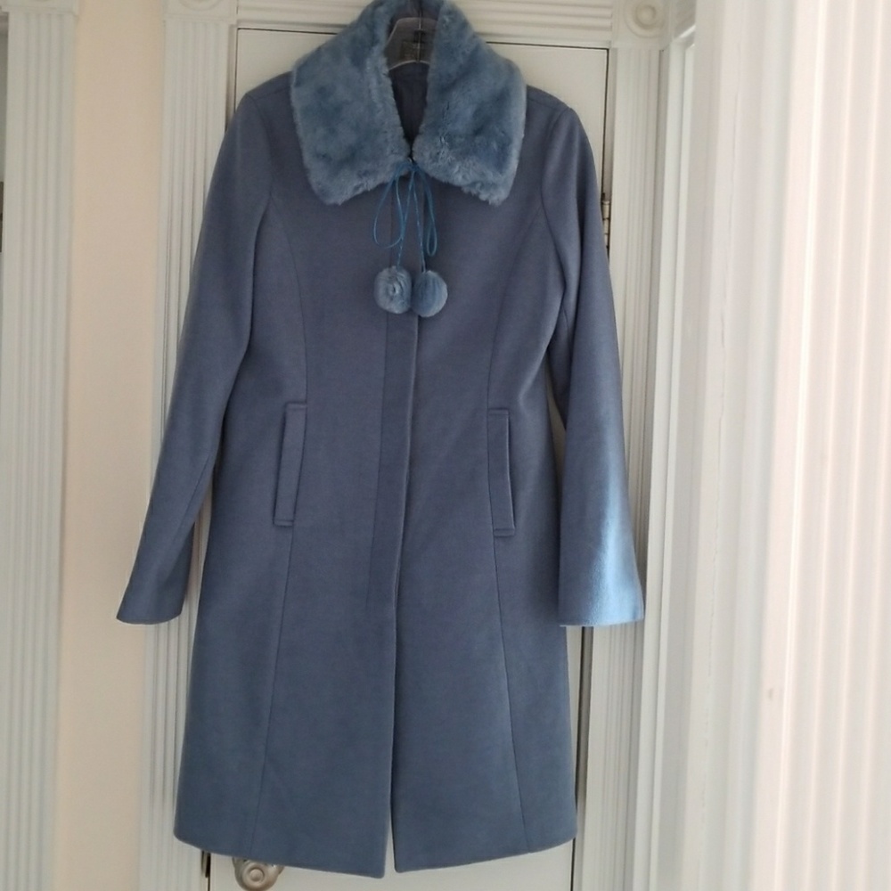 POM POM Wool Fur Collar w/2 Side Pockets Coat