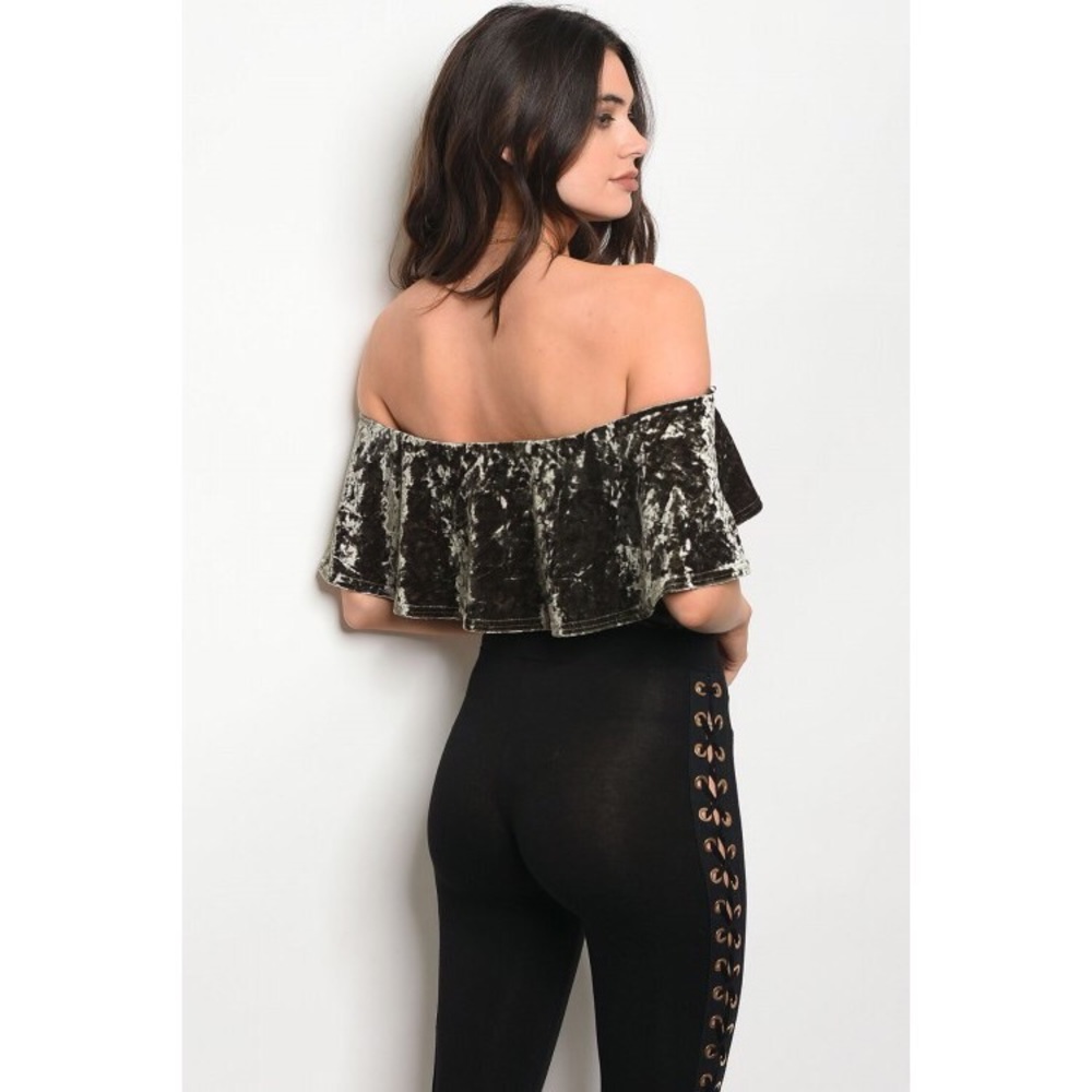New Off-shoulder olive  velvet bodysuit - Picture 3 of 6
