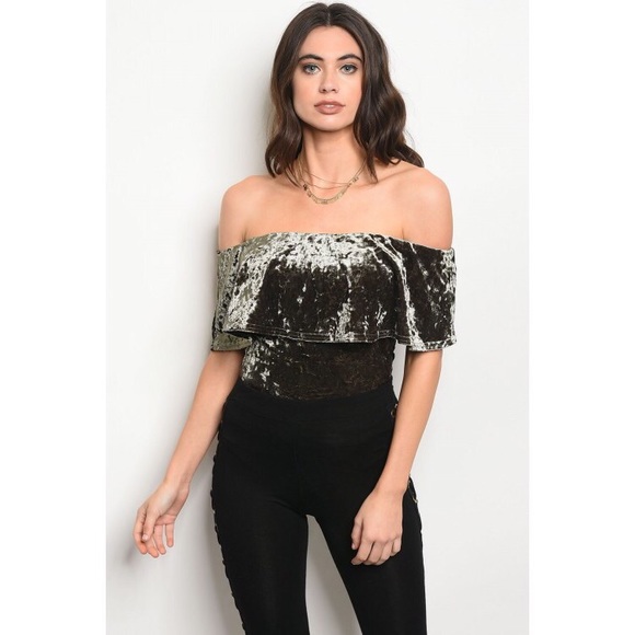 New Off-shoulder olive  velvet bodysuit - Picture 2 of 6