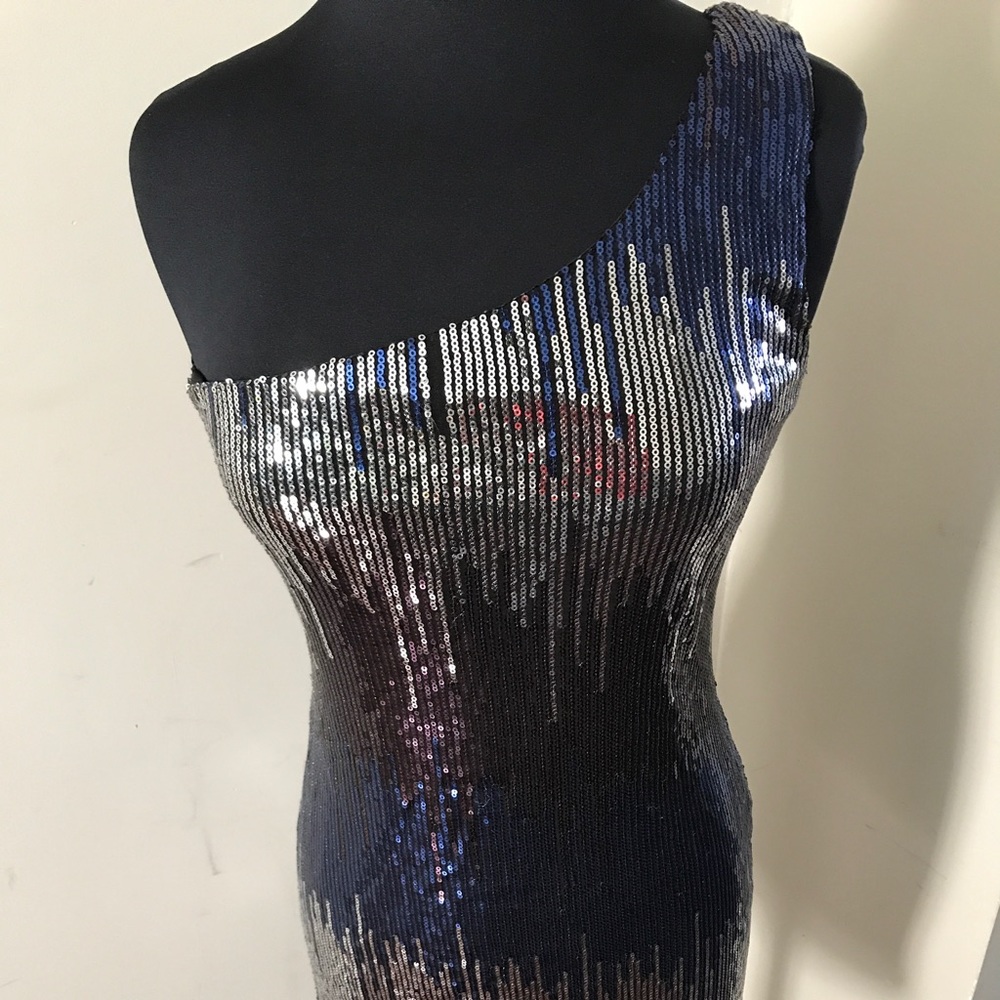 Navy, Silver, Black Sequin One Shoulder Cocktail