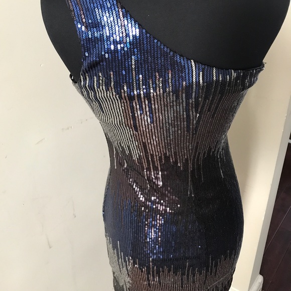 Navy, Silver, Black Sequin One Shoulder Cocktail - Picture 2 of 3