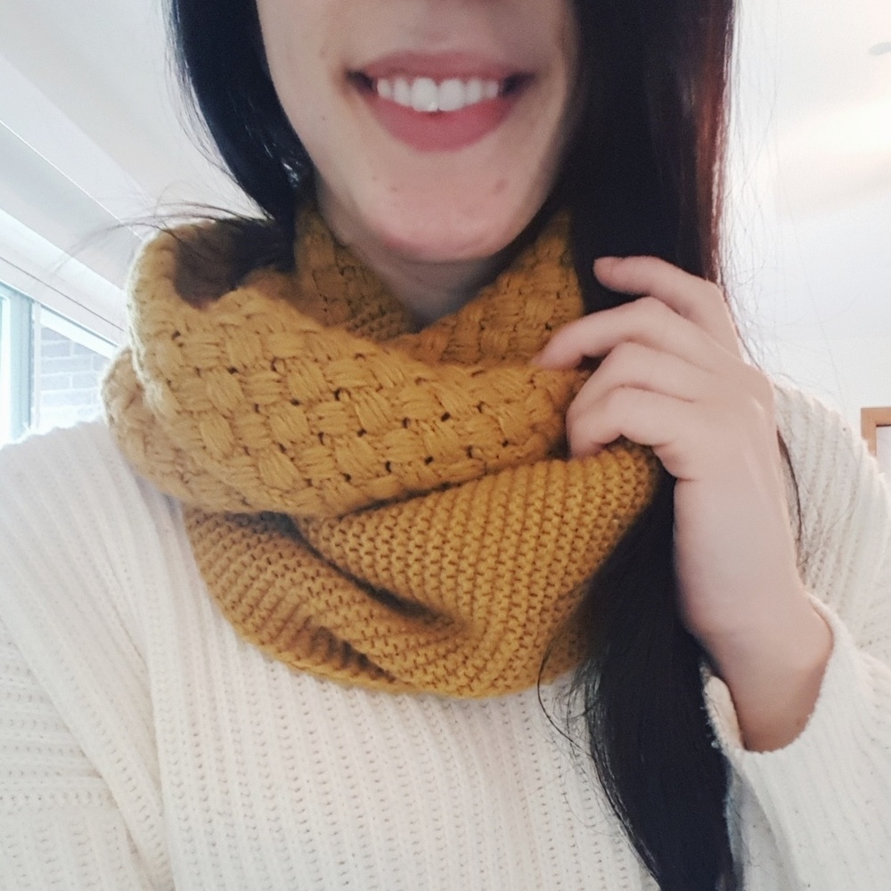 Mustard, knit, circle scarf