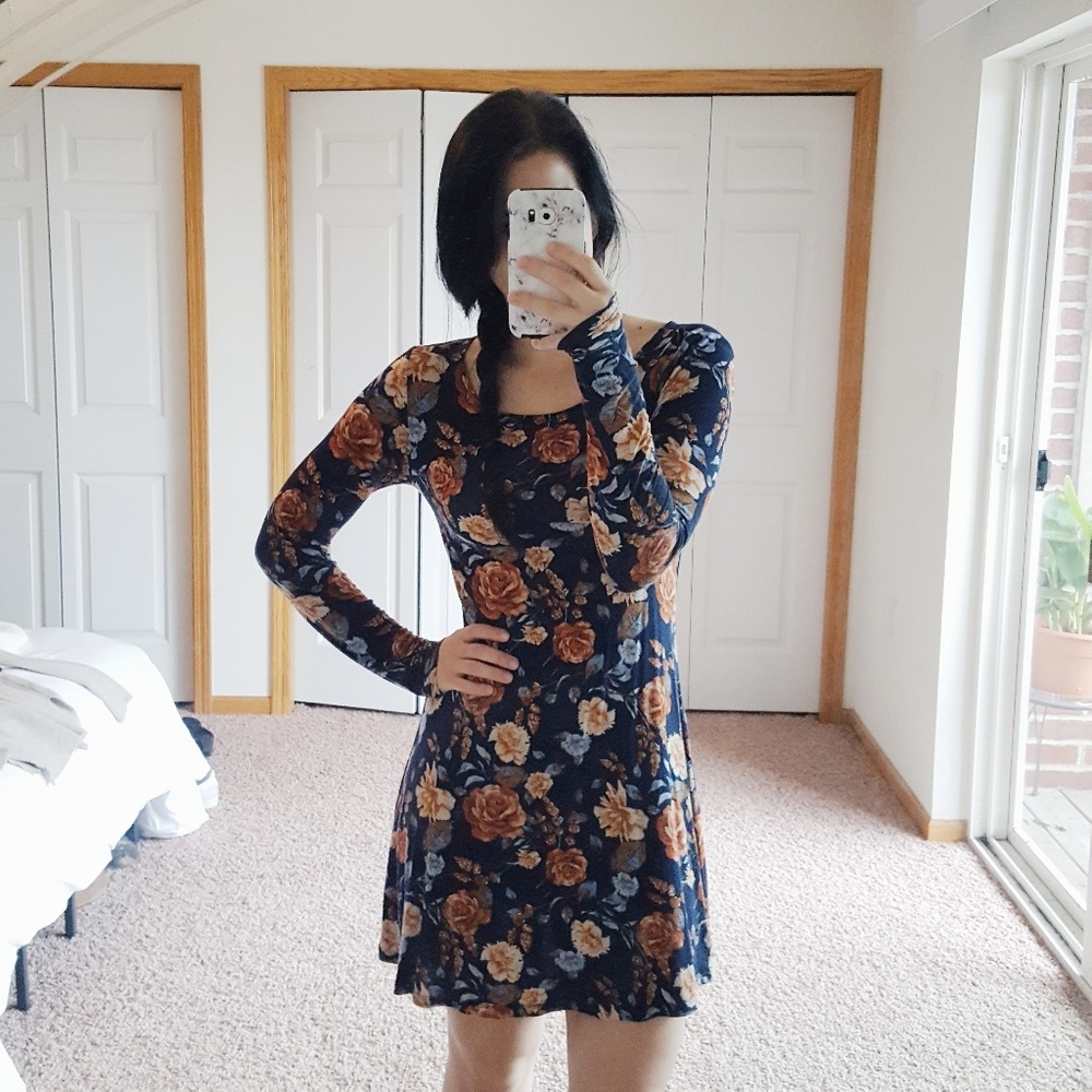 Blue and orange, floral, long sleeve dress