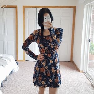 Blue and orange, floral, long sleeve dress