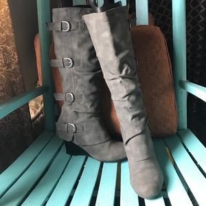 Tall grey wedge side zip hooded boots