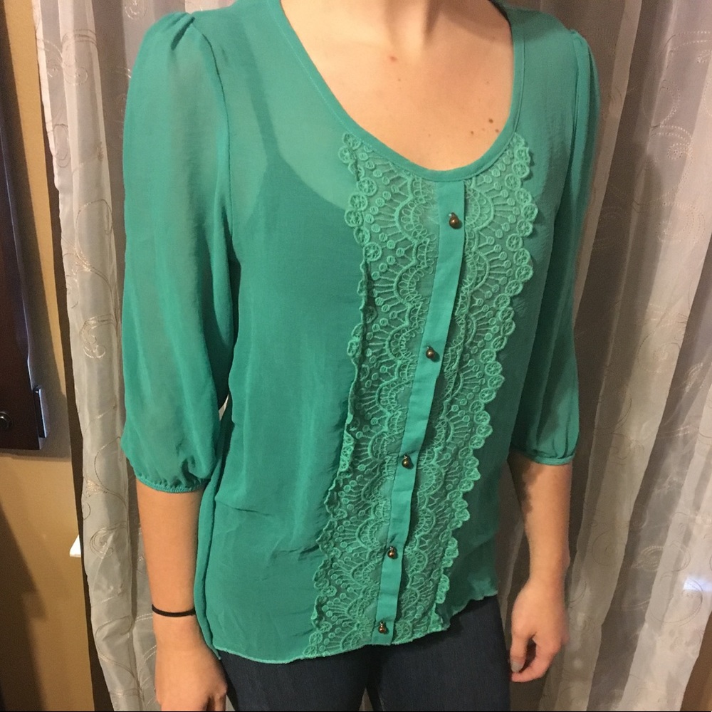 Green Sheer Blouse with Beautiful Ornate Detailing