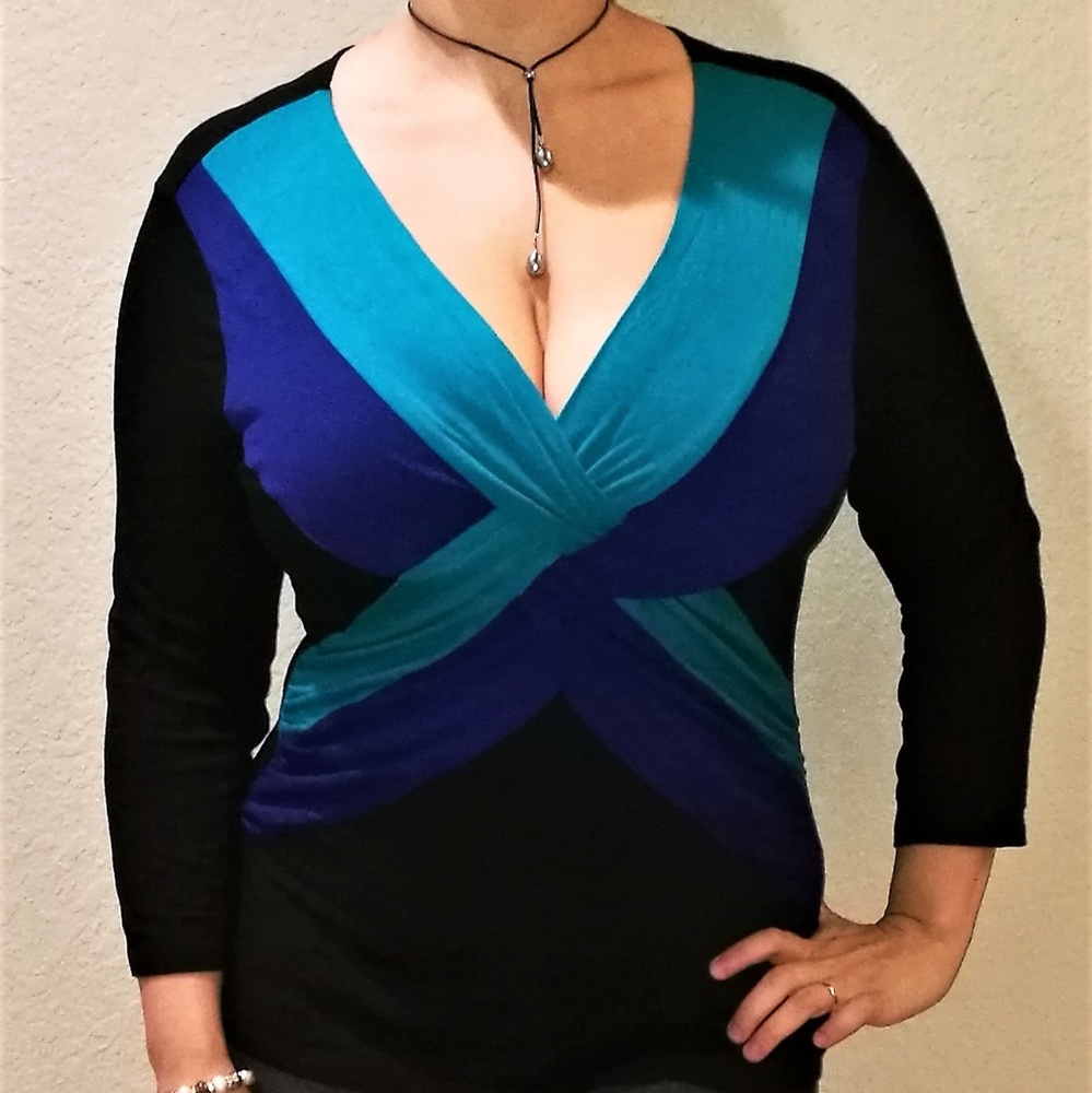 3/4 Long Sleeve Dress Top Large Black Blue Teal