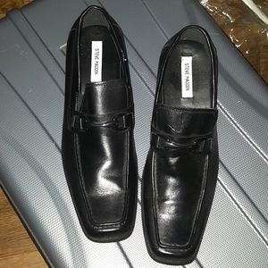 Black Leather Slip On Loafers Dress Shoes w/ Metal