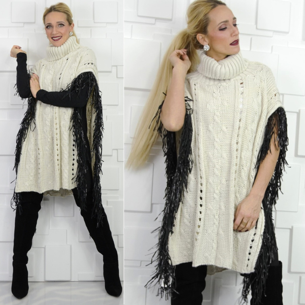 LENORA Sweater Poncho with Fringe -beige - Picture 2 of 4