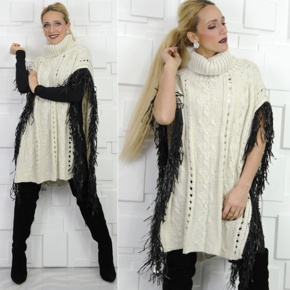 LENORA Sweater Poncho with Fringe -beige - Picture 2 of 4