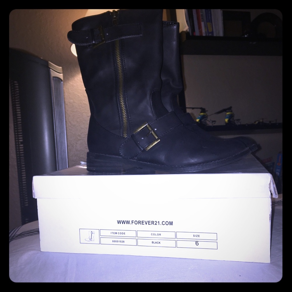 Black mid calf faux leather boots