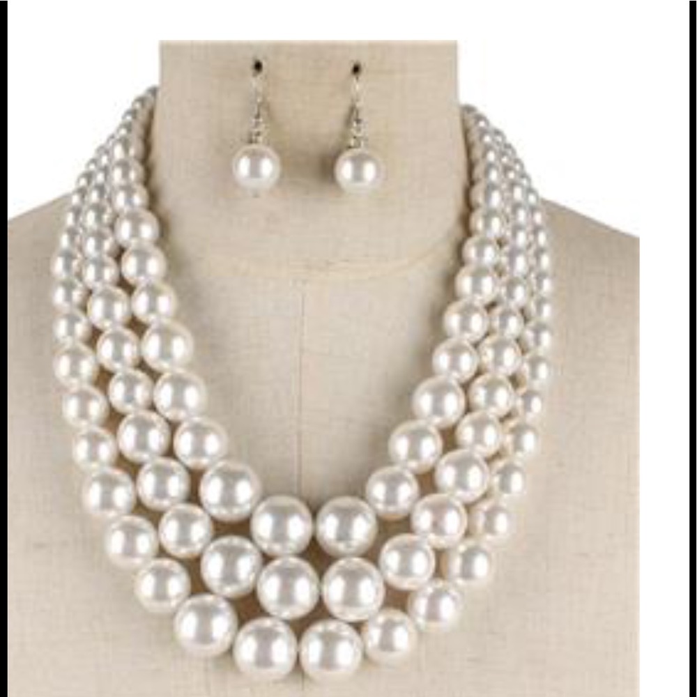 Tri-strand pearl necklace and earrings set