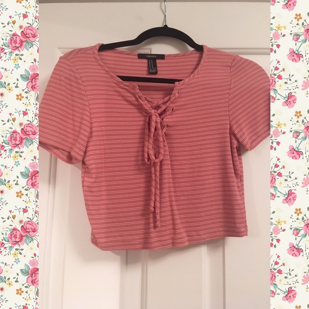 Forever 21 Pink and White Stripe Lace-Up Top