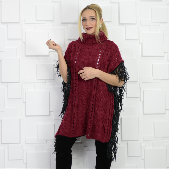 BURGUNDY KNIT PONCHO WITH FRINGE - Picture 4 of 4