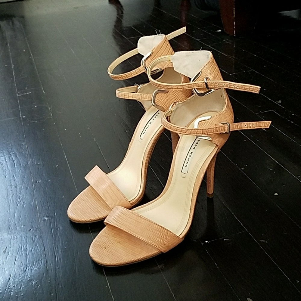 Zara Blush Nude Strappy Alligator Sandals Heels 38