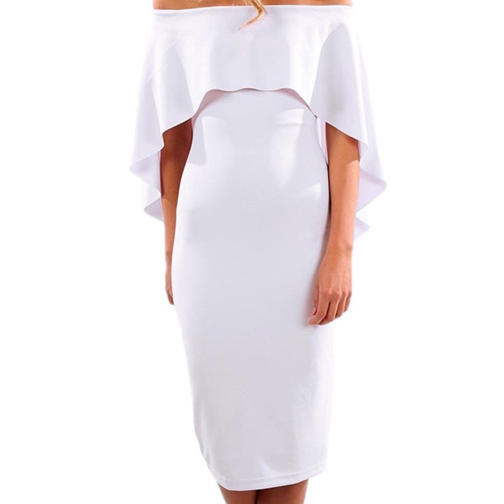 White, Off-The-Shoulder Cape Dress!