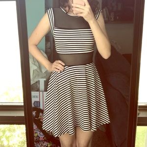 B&W striped skater dress with trendy mesh detail