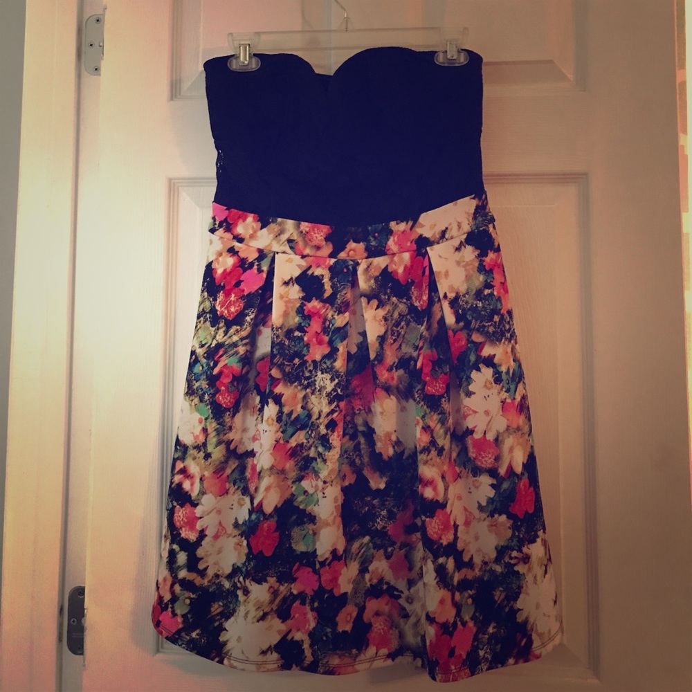 Strapless floral and black dress