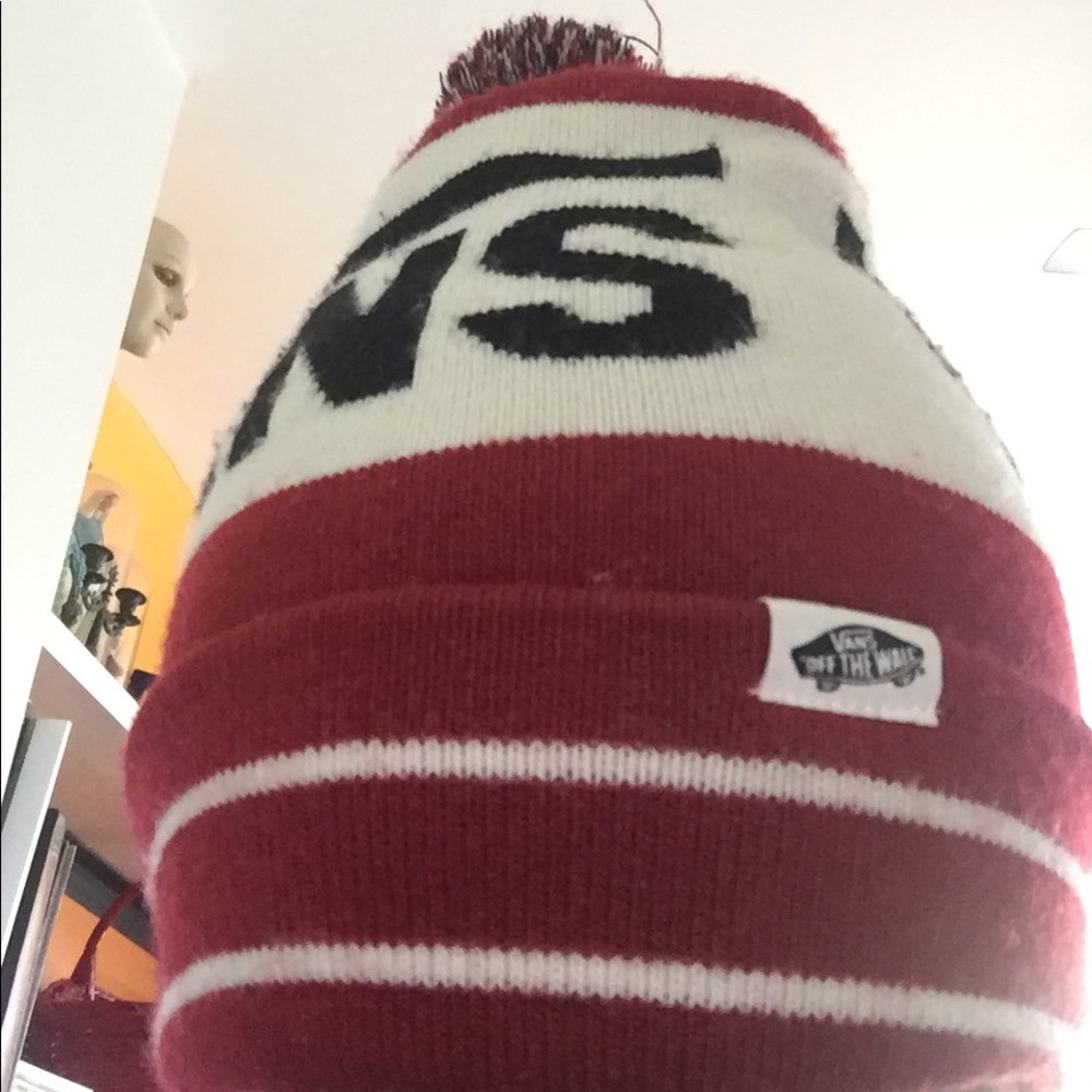 Vans red and white pompom hat
