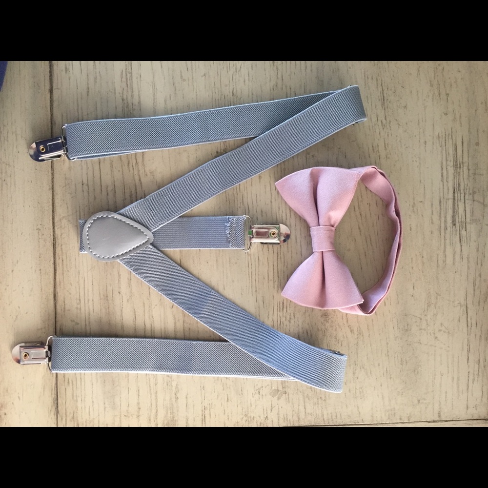 Boys gray and dusty rose bow tie and suspender set
