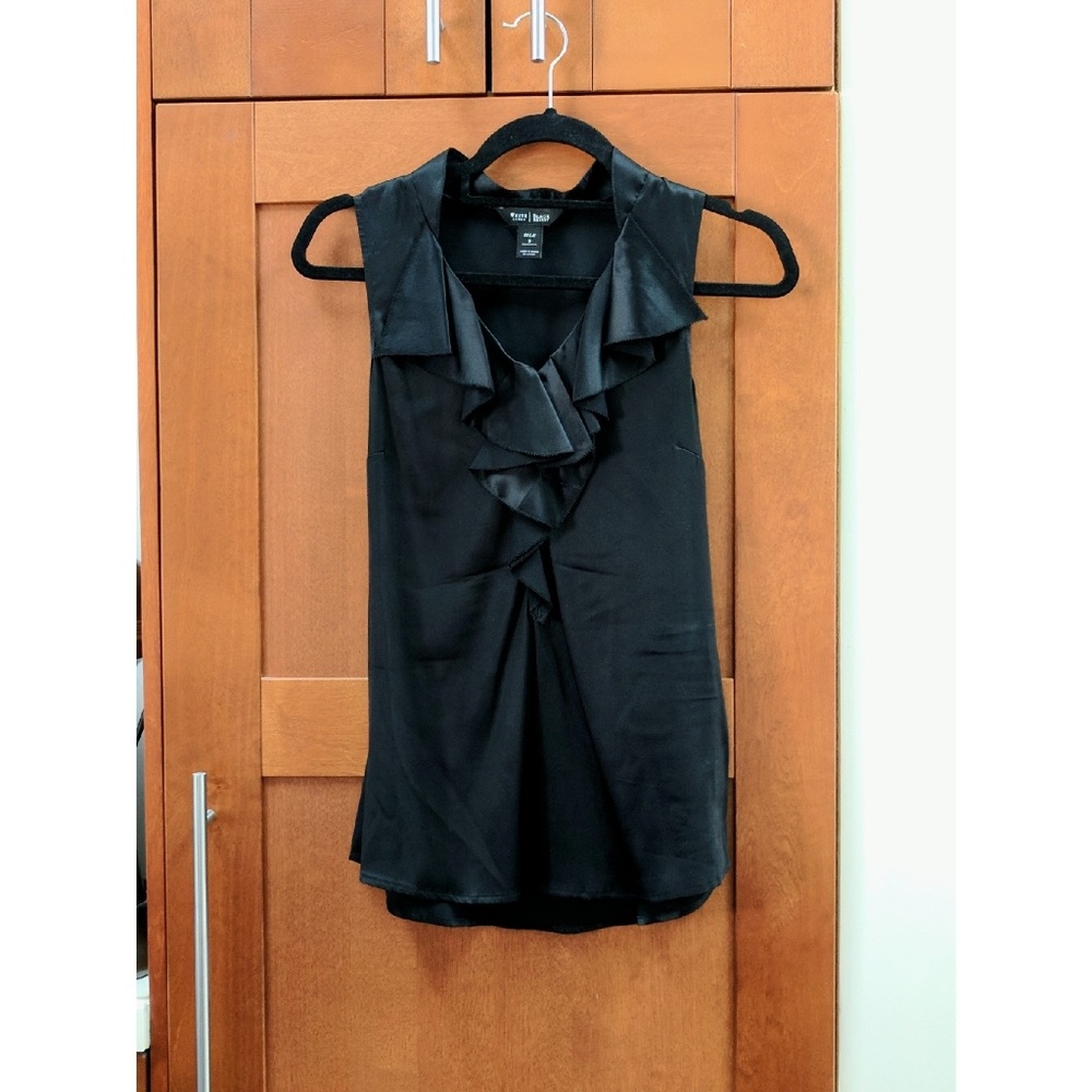 Black ruffled silk sleeveless blouse