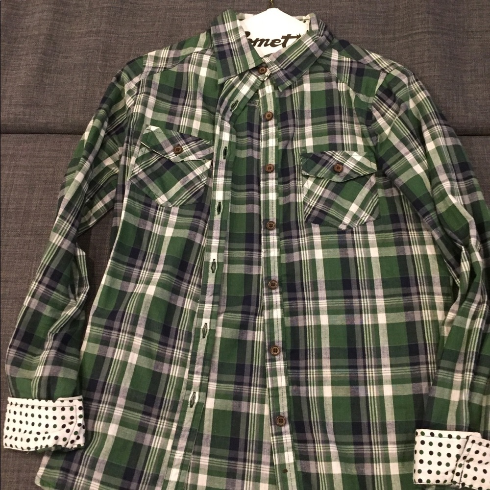 Size S navy and green plaid button down shirt.