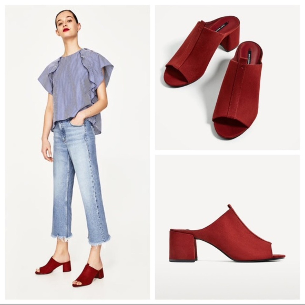 NWOT Zara Suede Open Toe Block Heel Mules sz 38