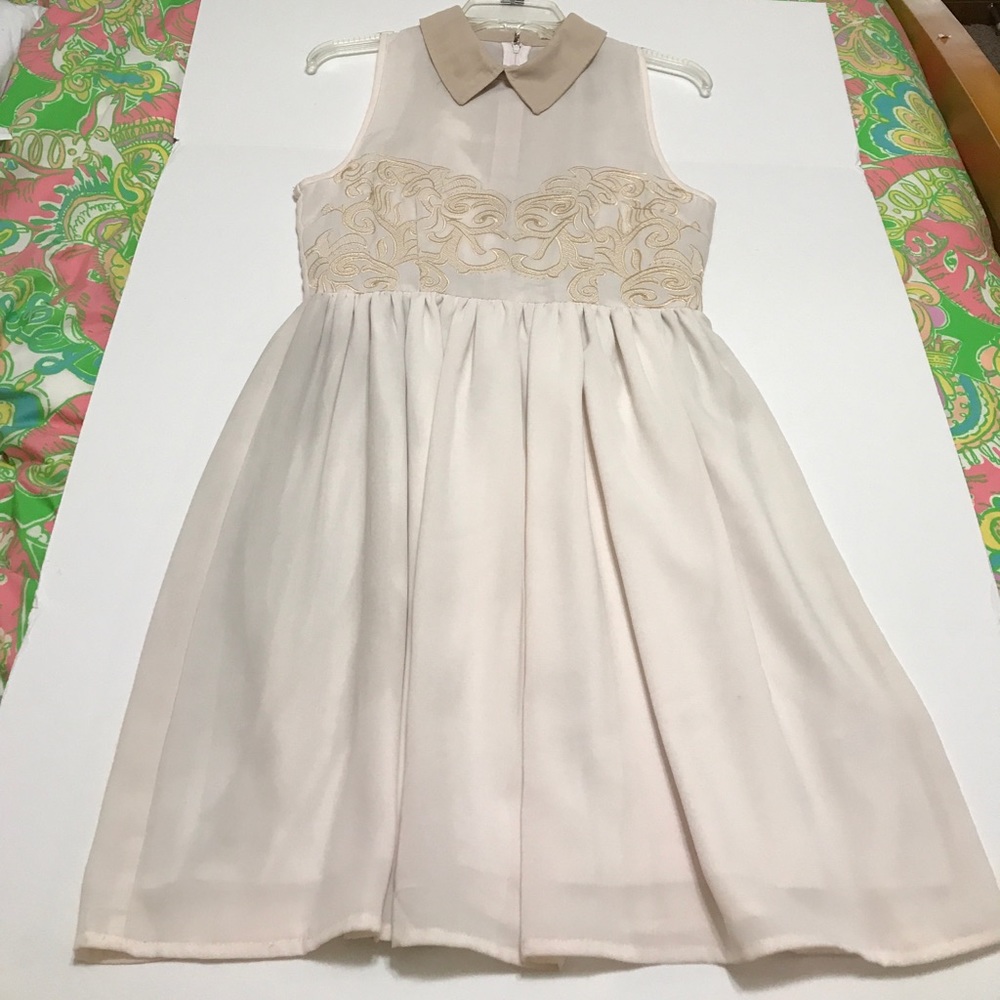 Cream sleeveless dress with gold Embroidery
