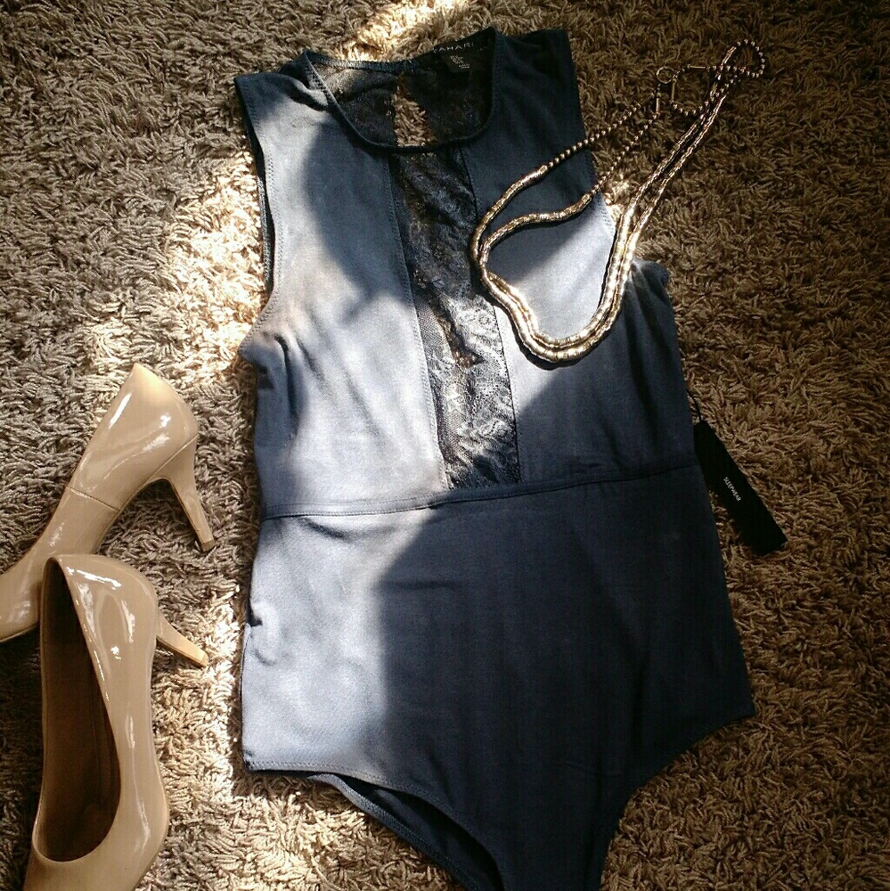 Lace blue gray bodysuit