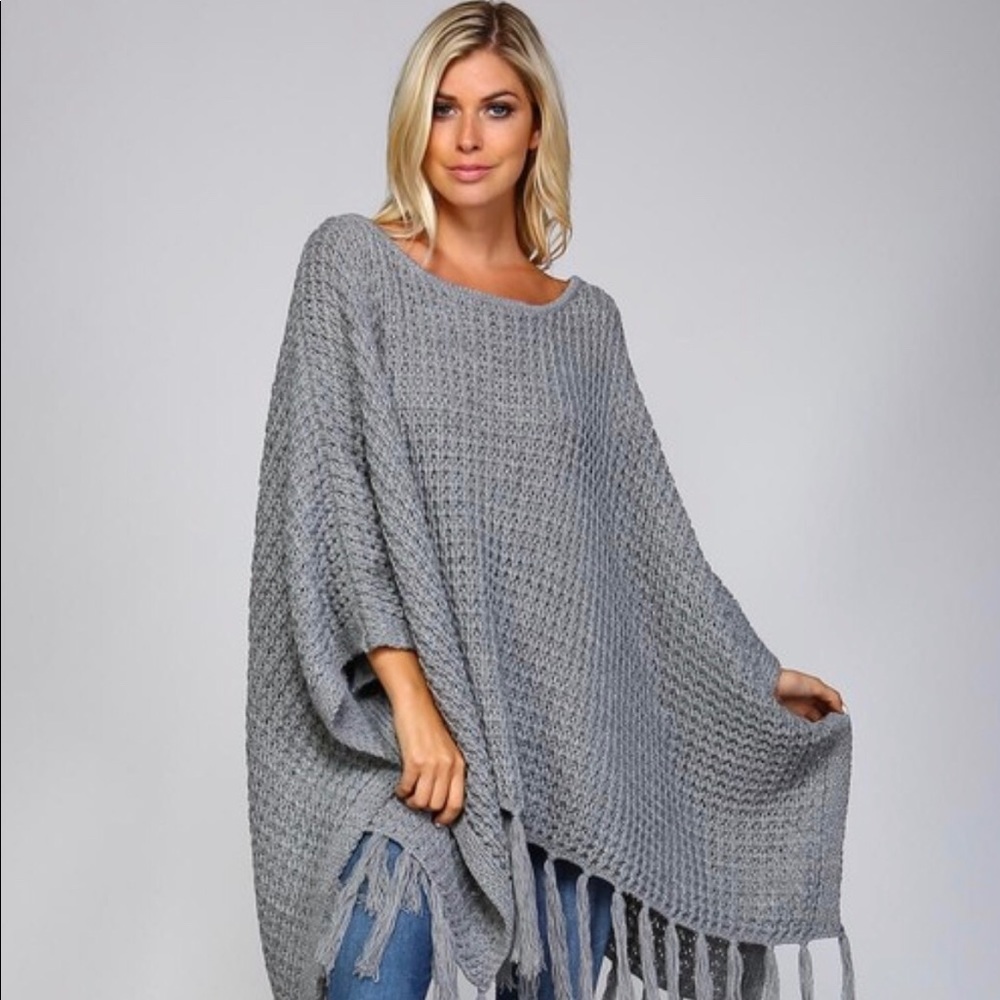Chunky waffle fringe knit poncho