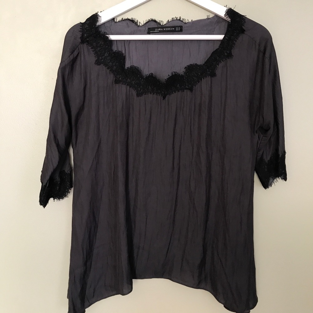 Zara silky shirt with lace neck and arm detail