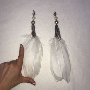 Large White Feather Drop Dangle Earrings